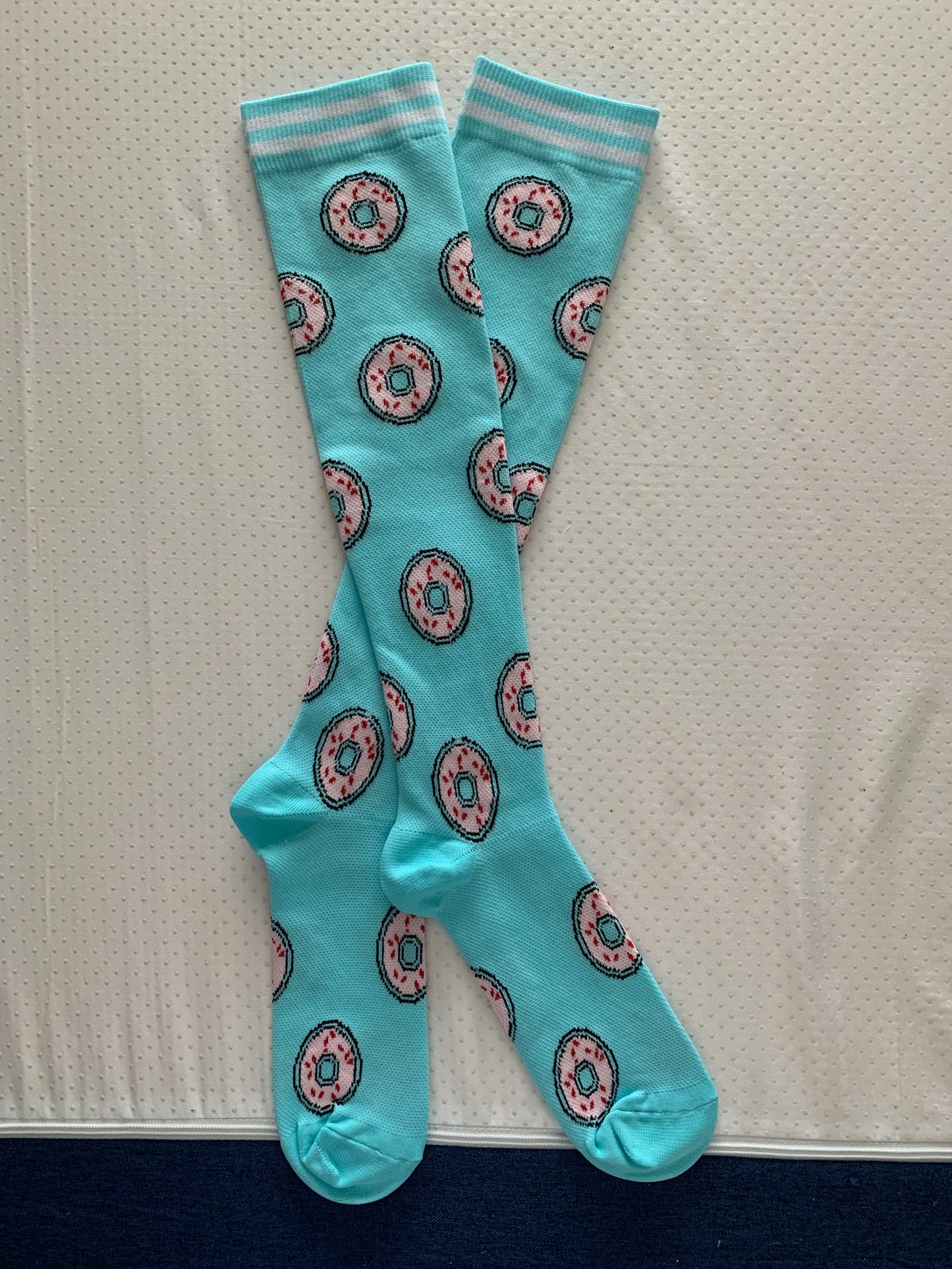 Donuts on Turquoise Light Compression Stockings Below the Knee Closed Toes