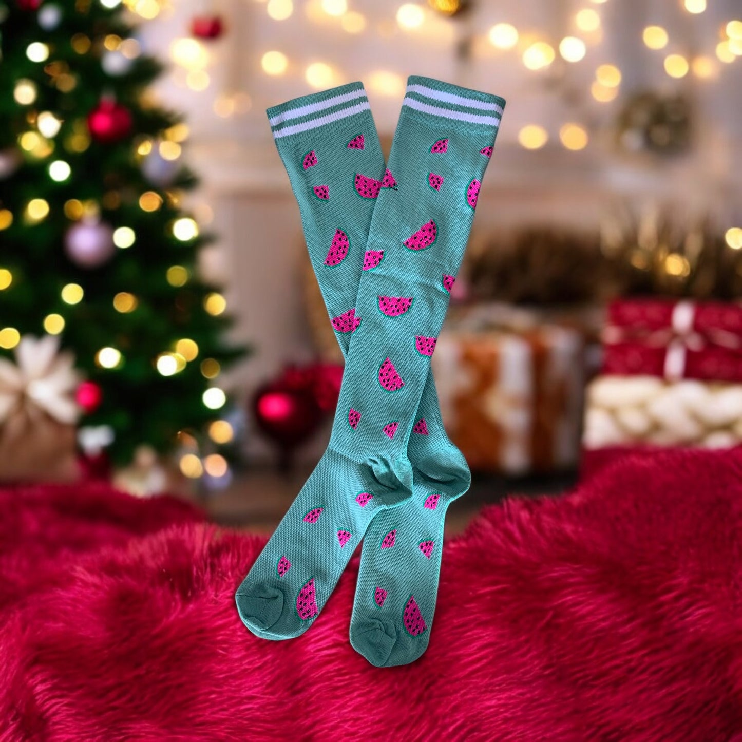 Pink Watermelon on Green Light Compression Stockings Below the Knee Closed Toes