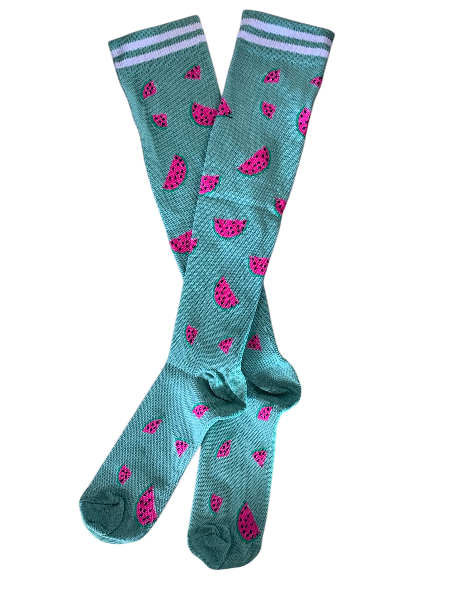 Pink Watermelon on Green Light Compression Stockings Below the Knee Closed Toes