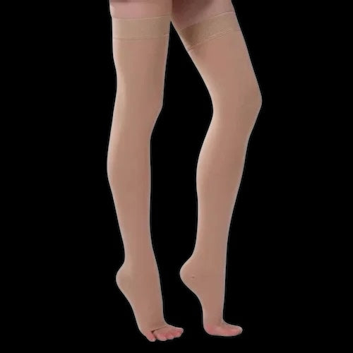Open Toe Thigh High Beige Open Toe, Light Compression Stockings