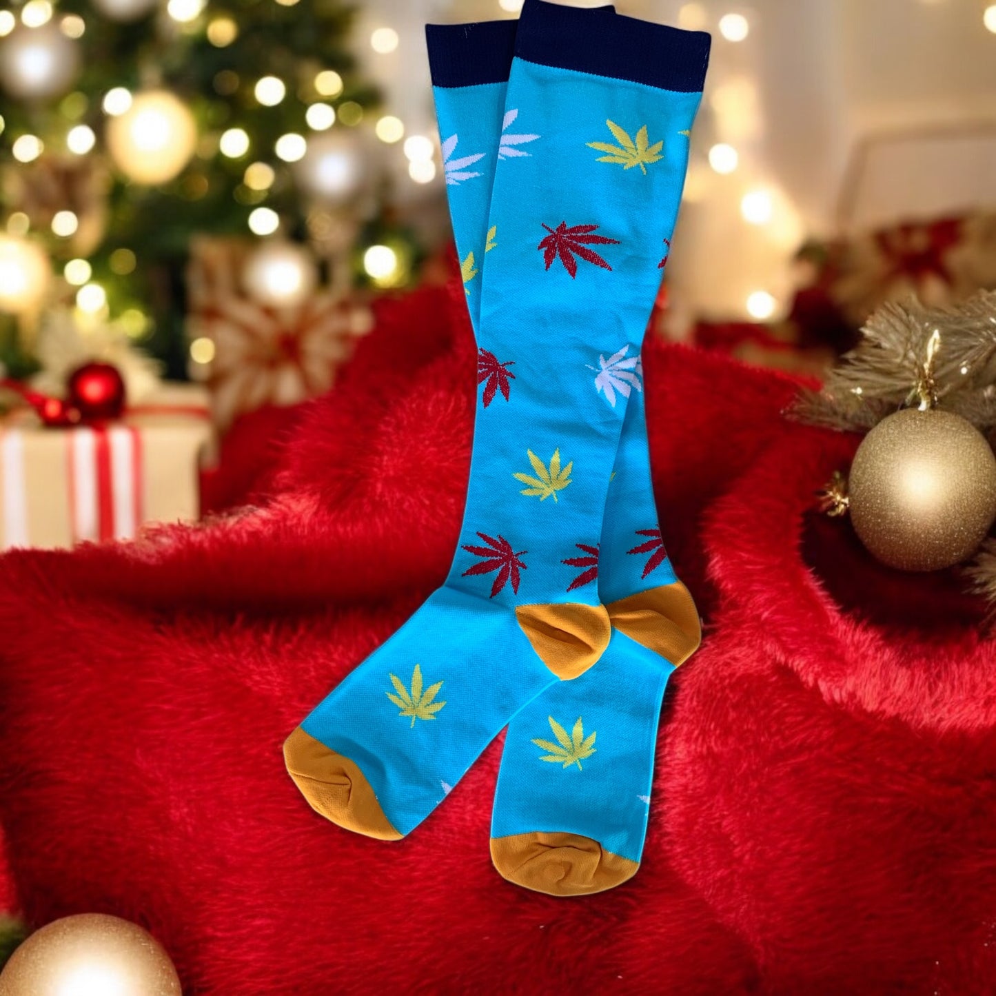 Palm Trees on Turquoise Light Compression Stockings Below the Knee Closed Toes
