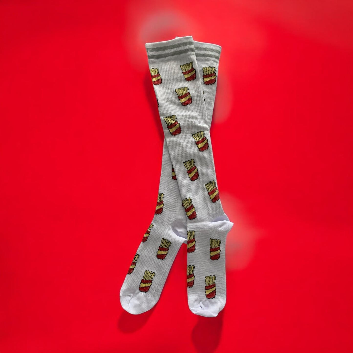 French Fries on White Light Compression Stockings Below the Knee