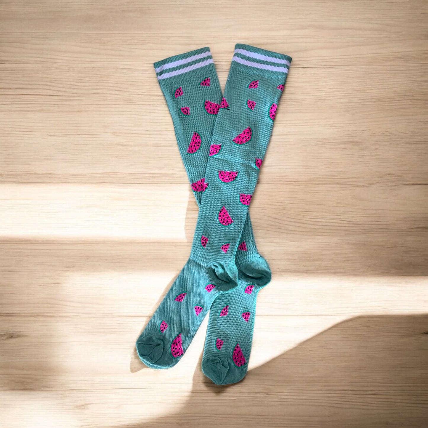 Pink Watermelon on Green Light Compression Stockings Below the Knee Closed Toes