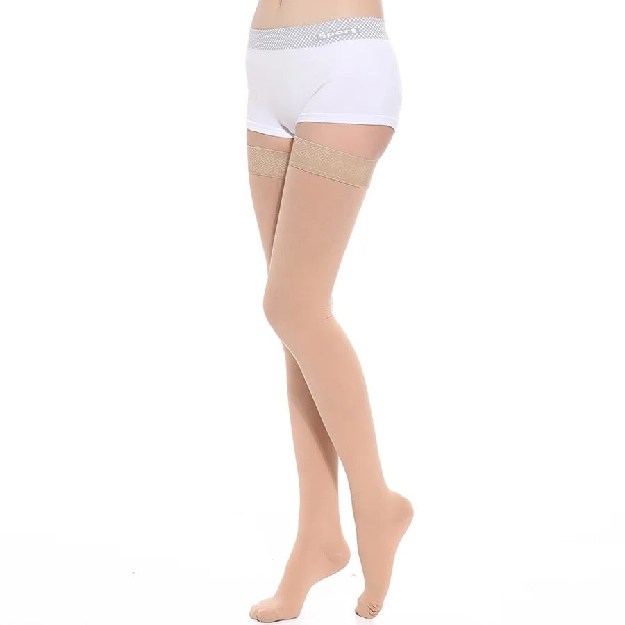Thigh High Closed Toe Beige Light Compression Stockings