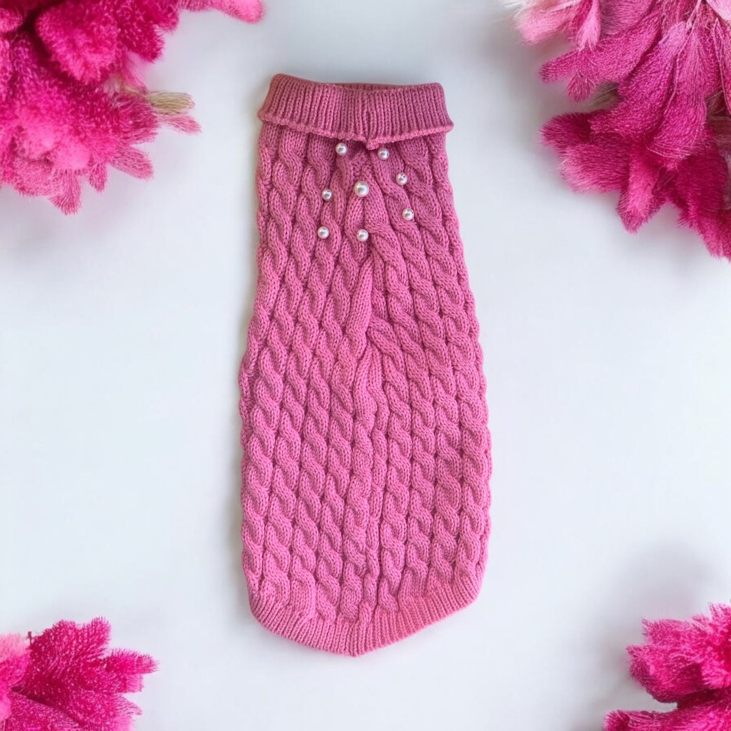 Knit Ribbed Pet Sweater with Hand Sewn Pearls
