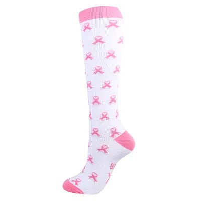 Breast Cancer Awareness Pink and White Light Compression Stockings Below Knee Closed Toes