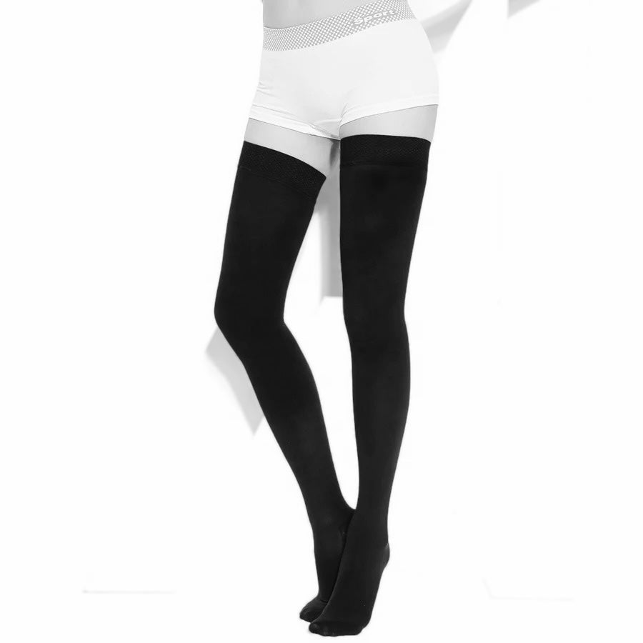 Thigh High Closed Toe Black Light Compression Stockings