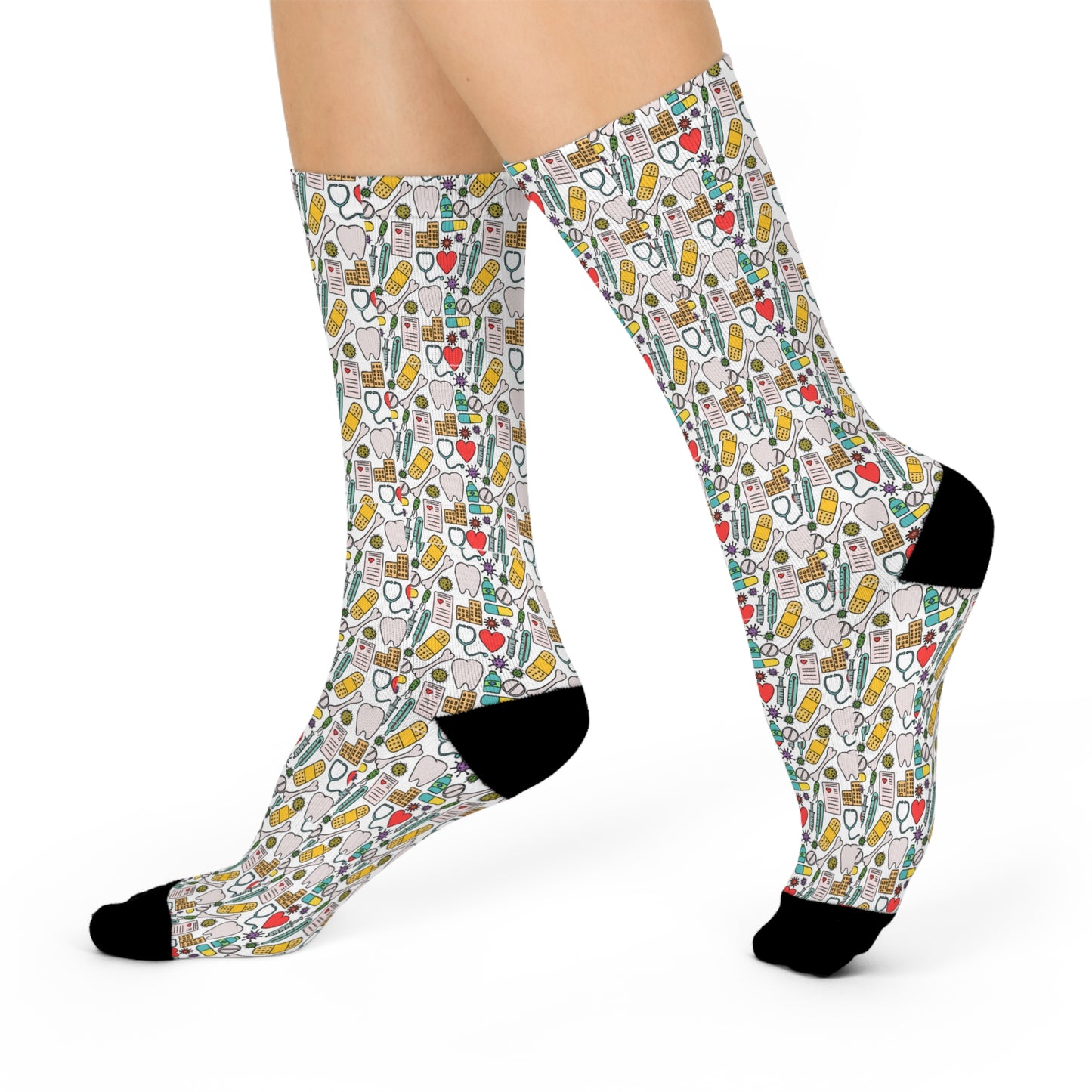 Nurse Socks Hearts, Bones and Stethoscope Cushioned Crew Socks