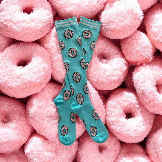 Donuts on Turquoise Light Compression Stockings Below the Knee Closed Toes