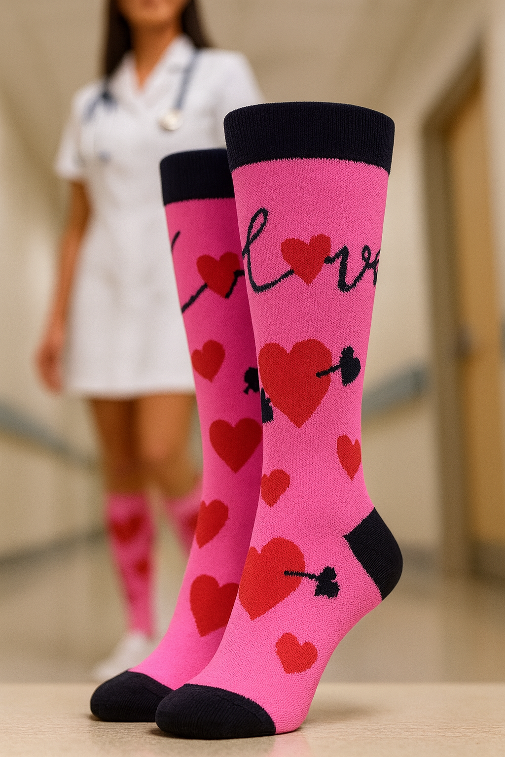 Valentines Red Hearts on Hot Pink Light Compression Socks