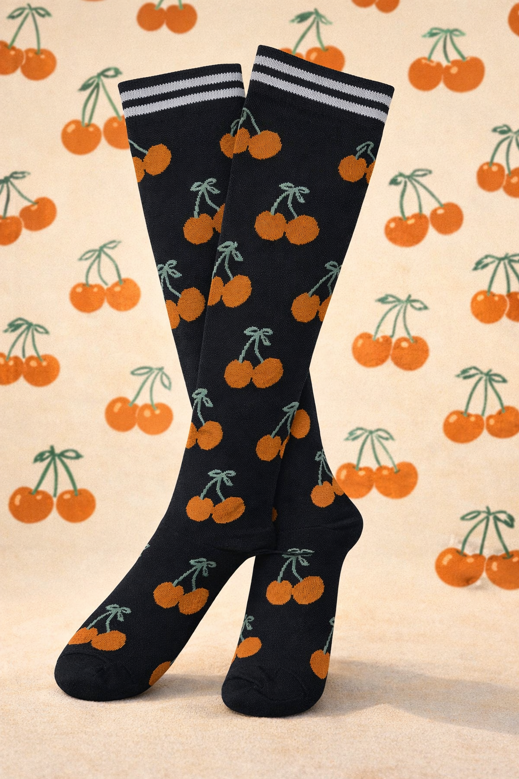 Cherries on Black Light Compression Stockings Socks