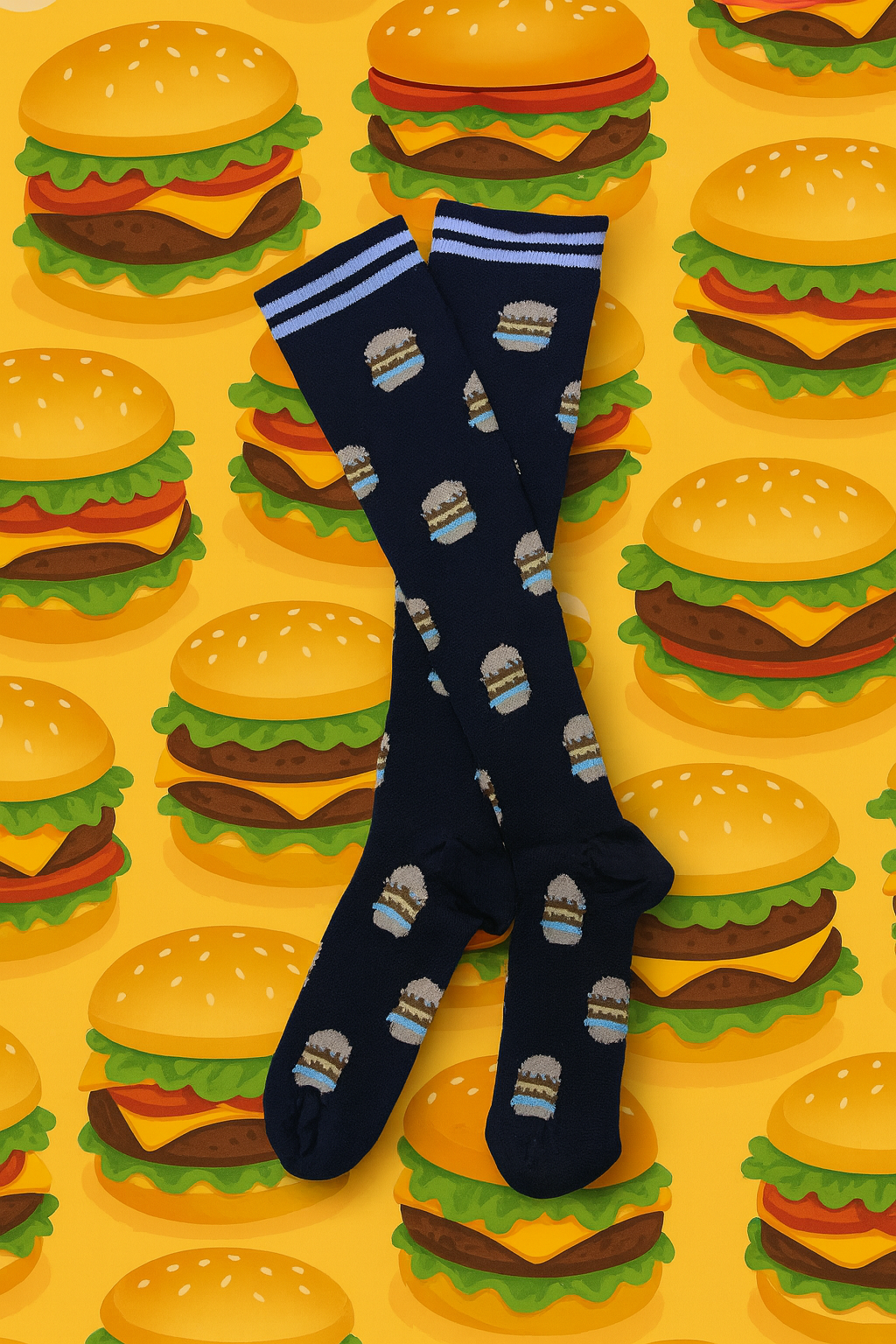Hamburger on Black Light Compression Stockings Below the Knee