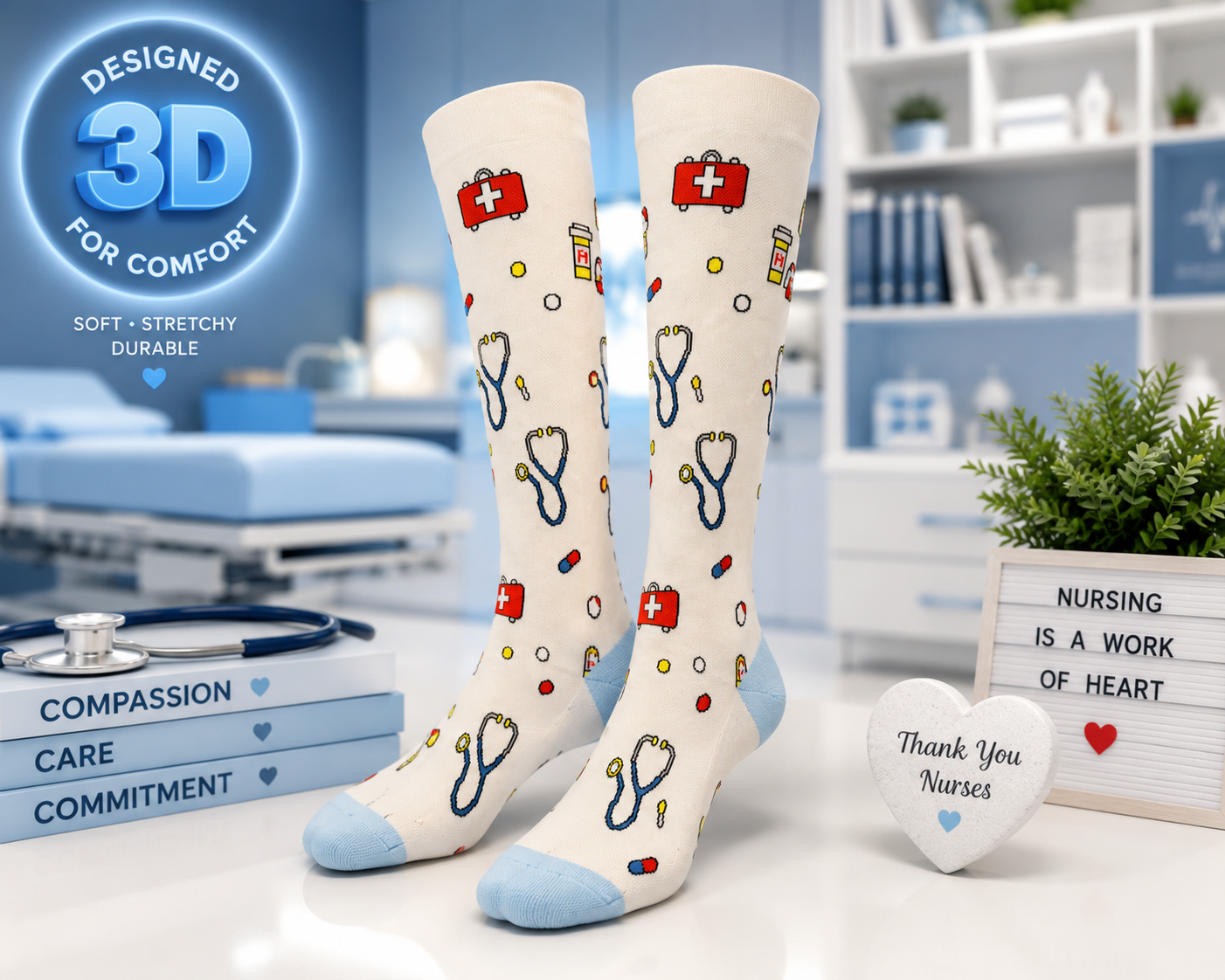 Nurse Design on White Light Compression Socks