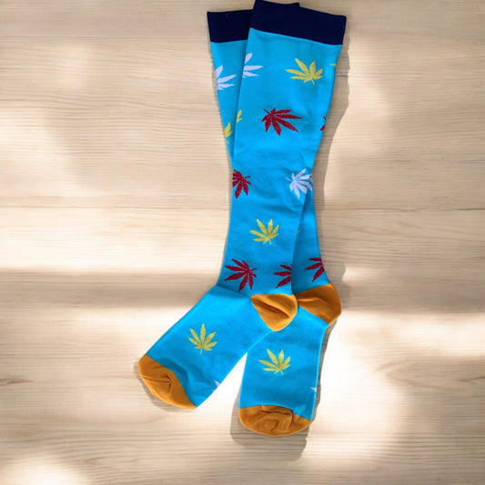 Palm Trees on Turquoise Light Compression Stockings Below the Knee Closed Toes