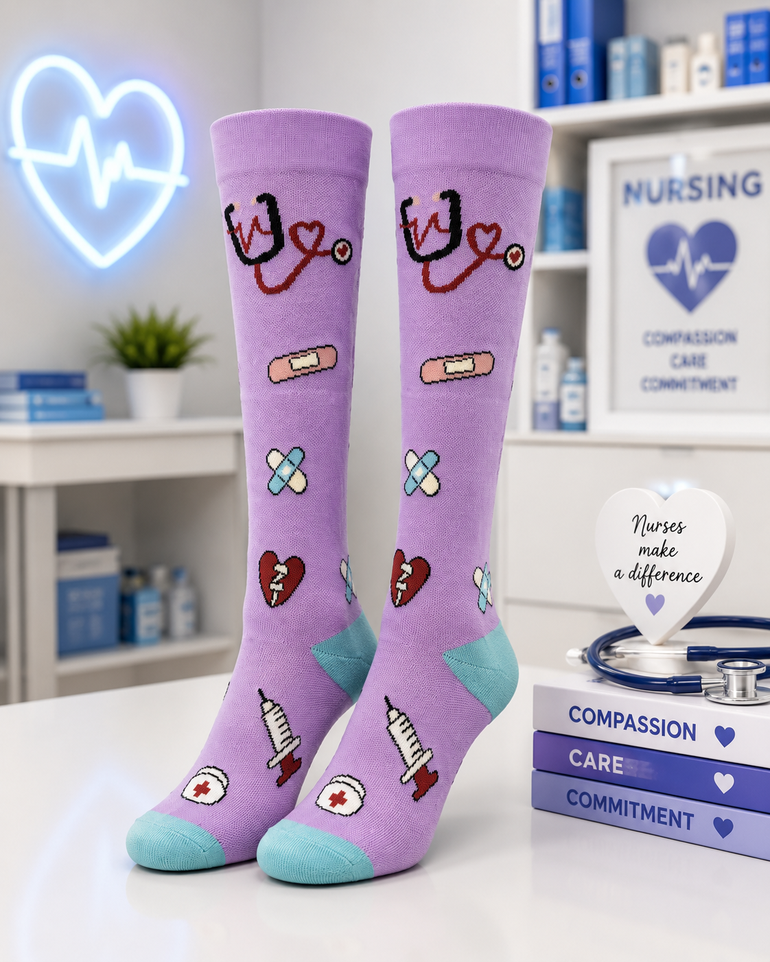 Nurse Design on Lavender Light Compression Socks