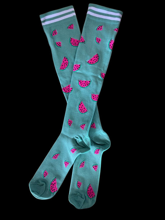 Pink Watermelon on Green Light Compression Stockings Below the Knee Closed Toes