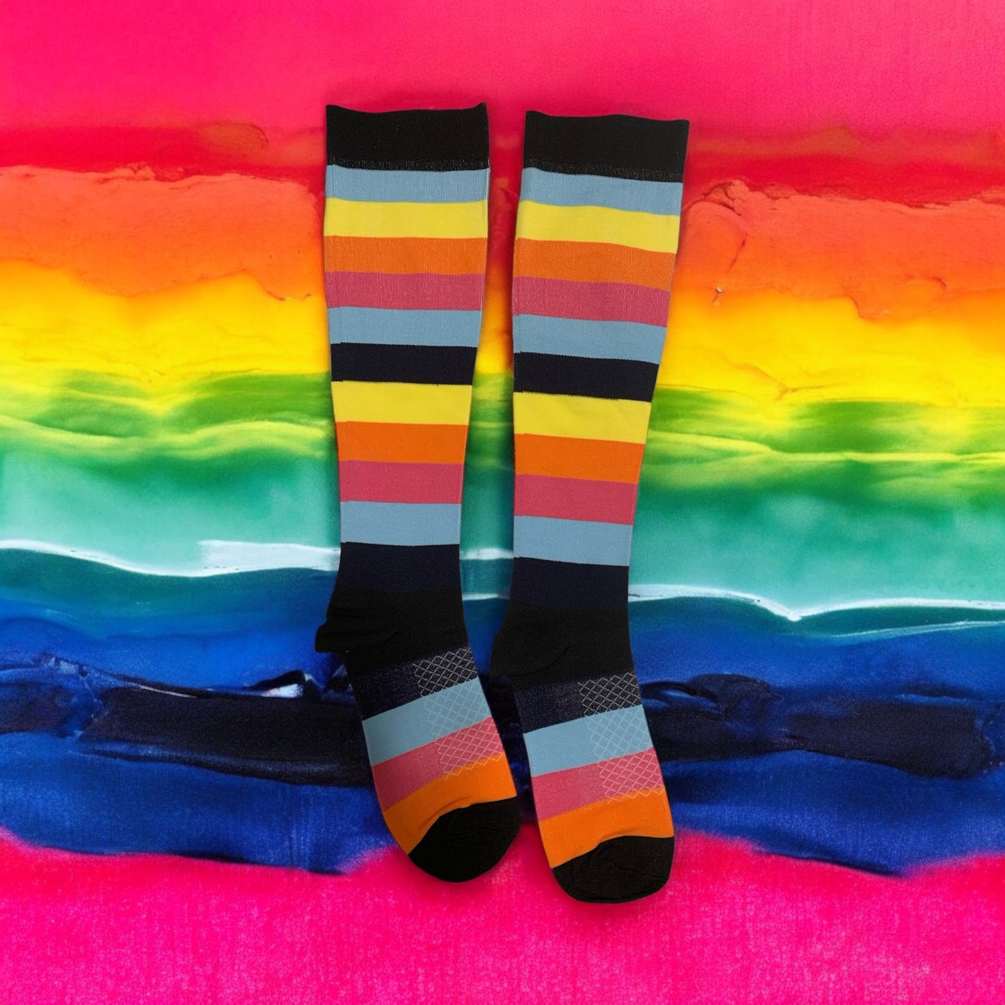 Rainbow Stripes Closed Toe Light Compression Stockings