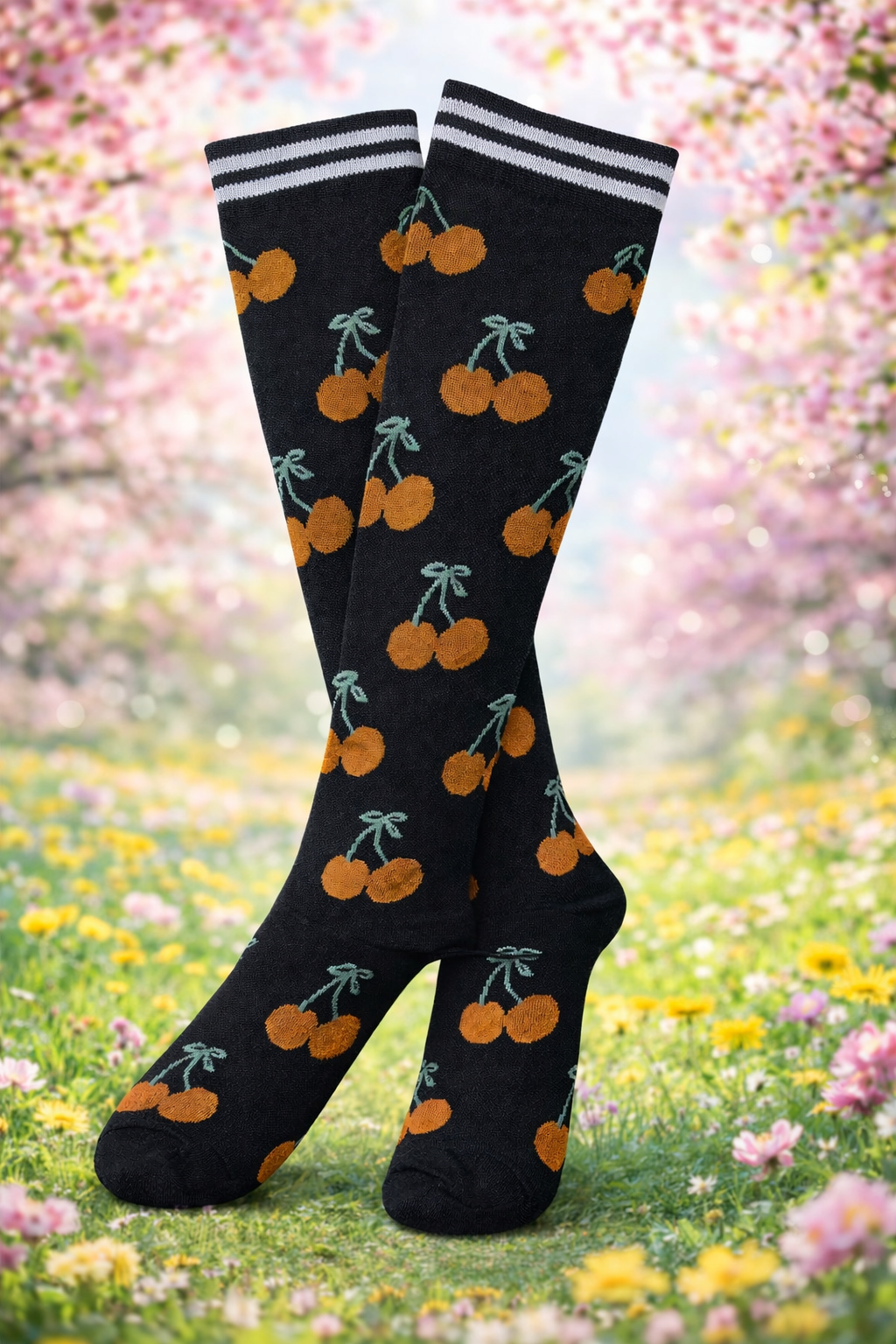 Cherries on Black Light Compression Stockings Socks