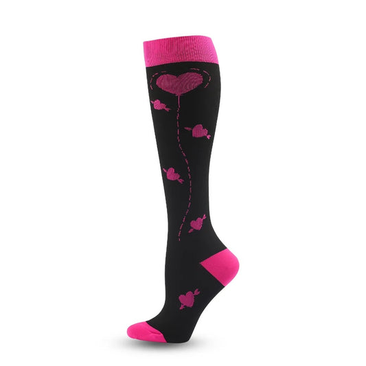 Pink Hearts on Black Closed Toe Light Compression Stockings