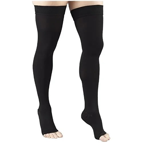 Compression Stockings Thigh High BLACK Open Toe, Light